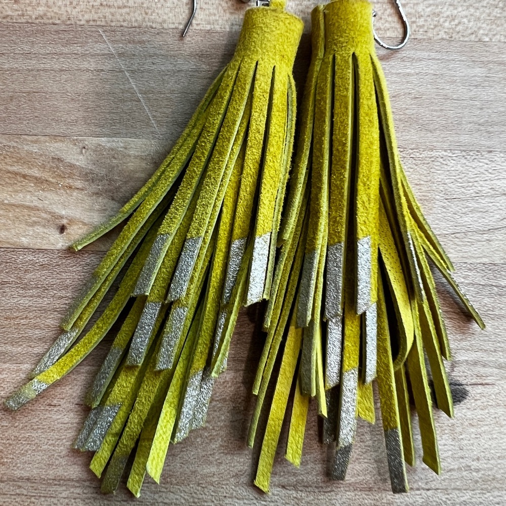 Chartreuse and silver leather fringe earrings